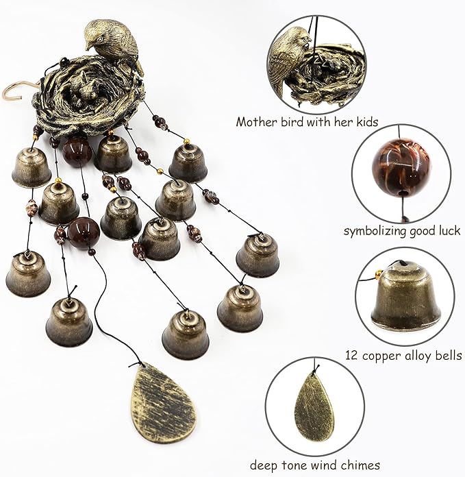 Bird Nest Wind Chimes,Wind Chimes for Outside with 12 Wind Bells for Glory Mothers Love Gift,Bird Bells Chimes Hanging Decoration for Outside Garden Yard Church, Bronze