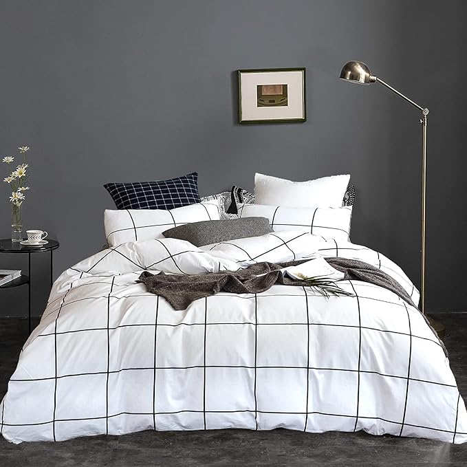 White Grid Comforter White Plaid Bedding Set Queen White Black Lines Printed Stripes Women Checkered Queen Comforters Bedding Set White Grid Comforter Set Queen
