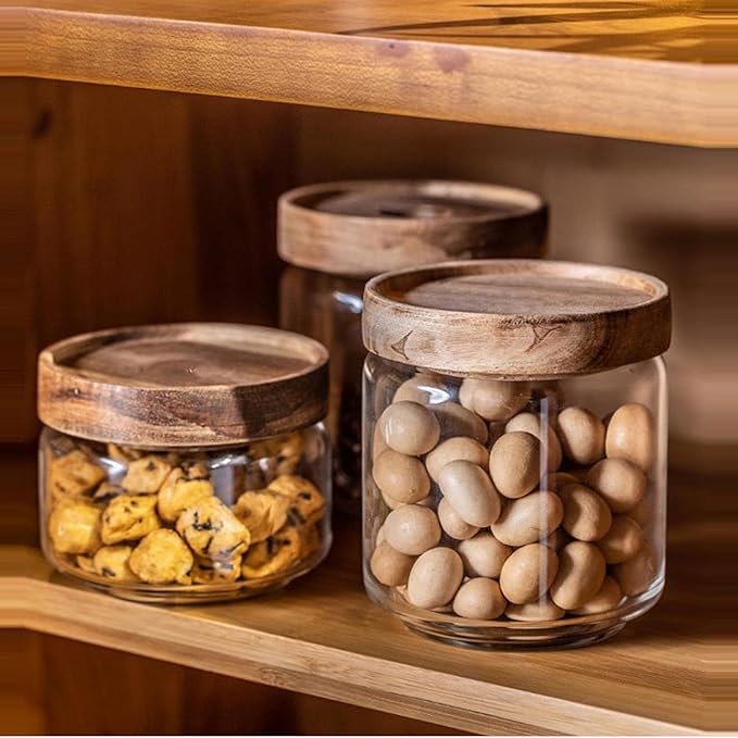 Glass jar candy Containers - 16oz kitchen Glass Airtight Storage jar With Acacia Airtight Lid，for kitchen Seasoning, coffee bean, tea, suger, herbs (4)