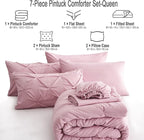 Ubauba 7pc Pink Queen Comforter Set, Pintuck Bed in a Bag Blush Bed Set with Comforters and Sheets 7 Piece, All Season Pinched Bedding Sets for Women (Pink,Queen Size)