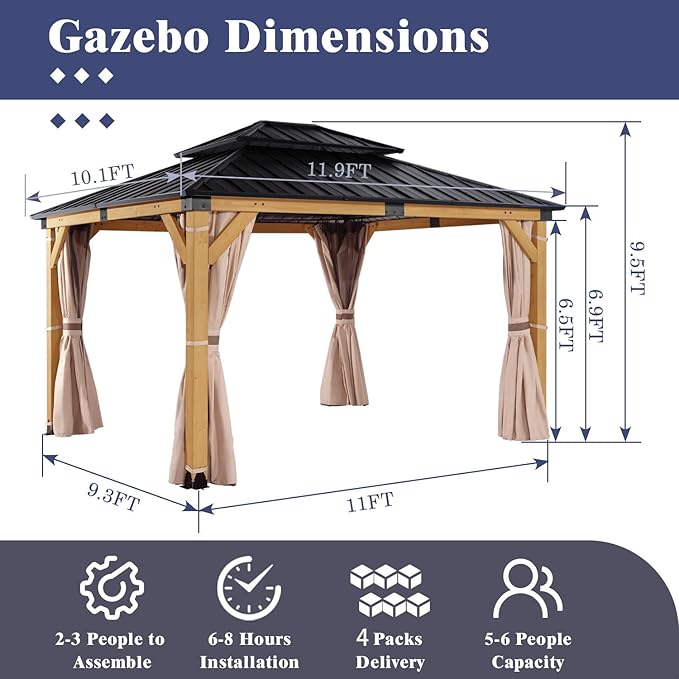 CHARMELEON 10'x12' Wood Gazebo,Patio Cedar Wood Gazebo with Mosquito Netting and Curtains, Galvanized Steel Hardtop Pavilion for Outdoor, Garden, Deck