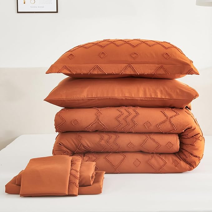 EMME King Comforter Set - 7 Pcs Pumpkin Boho Bedding Sets, King Size Tufted Comforter Set with Sheets, Shabby Chic Embroidery Bed Set Fluffy Bed Bag for All Season(102"X90")