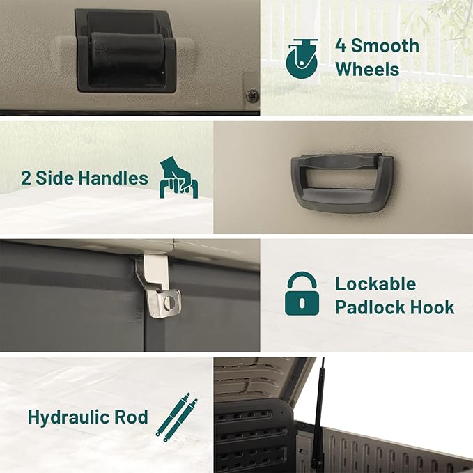 CHUNLY 200 Gallon Resin Deck Box, Large Patio Storage Box with Lock, Wheels & Waterproof Lid for Outdoor Cushions, Garden and Pool Supplies (Gray)