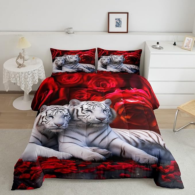 Tiger Comforter Set Full, Red Rose Down Comforter Kids Girls Women,Red Image of Large Cat Playing with Water Cool Nature Animal Quilted Duvet Insert Gorgeous Floral Flower Bedding Comforters,Brown