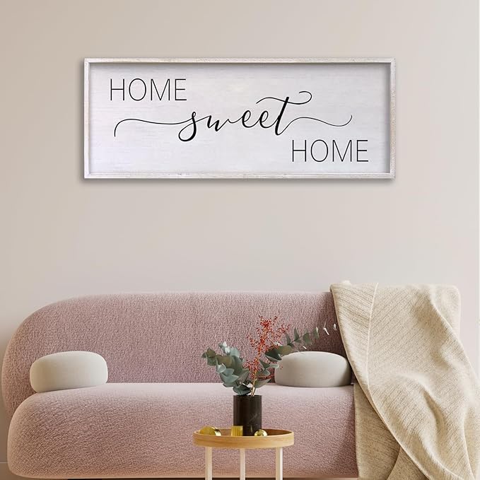 Home Sweet Home Sign Wall Decor 40"x15" Above Bed Living Room Large Wooden Framed Family Plaques Art (White)