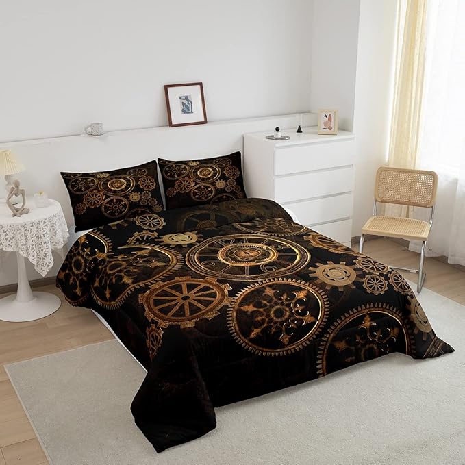 Golden Ndustrial Gear Comforter Set Queen Size Steampunk Style Bedding Set Clocks Theme Bedding Sets & Collections For Kids Boys Teens Men Mechanical Device Quilt Set,Retro Style Bedroom Decor