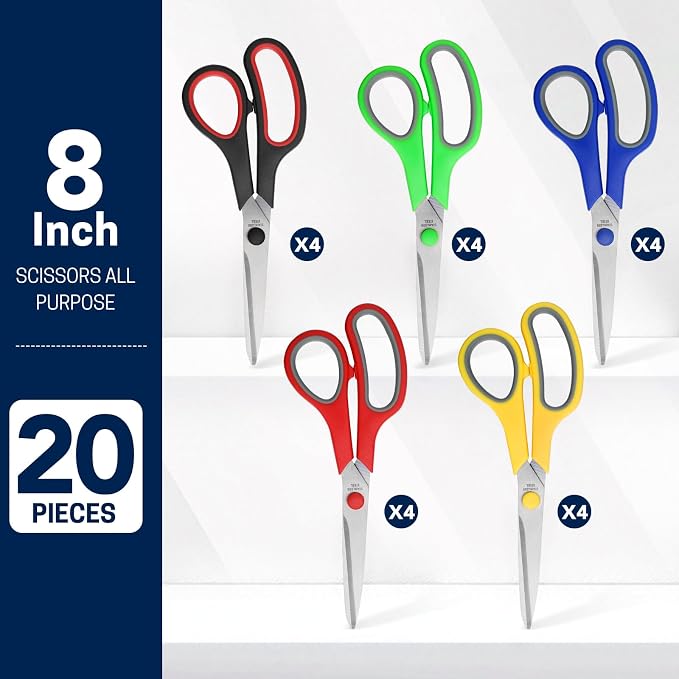 BURVAGY 20 Pack 8" Scissors All Purpose, Heavy Duty Scissors for Office | Scissors Bulk Multipurpose Comfort-Grip Sharp Adult Office Scissors Set Sewing Fabric Stainless Steel Blades, Right/Left Hand