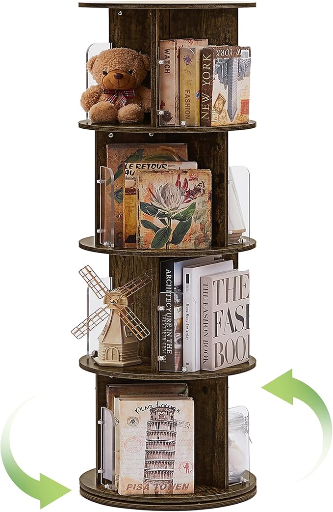 VECELO 4 Tier Revolving Bookshelf Tower, 360° Display Floor Standing Storage Rack with Acrylic Visible Window Partition for Bedroom, Living Room Home and Office, Brown