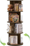 VECELO 4 Tier Revolving Bookshelf Tower, 360° Display Floor Standing Storage Rack with Acrylic Visible Window Partition for Bedroom, Living Room Home and Office, Brown
