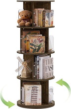 VECELO 4 Tier Revolving Bookshelf Tower, 360° Display Floor Standing Storage Rack with Acrylic Visible Window Partition for Bedroom, Living Room Home and Office, Brown