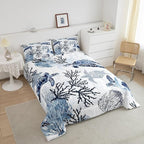 Turtle Comforter Set Twin,White Blue Hawaiian Turtle Bedding for Kids,Reptile Tortoise Quilt Duvet Set Coastal Beach Theme Comforter Retro Sea Turtle Bed Set for Boys Girls Bedroom Decor(Marine life)