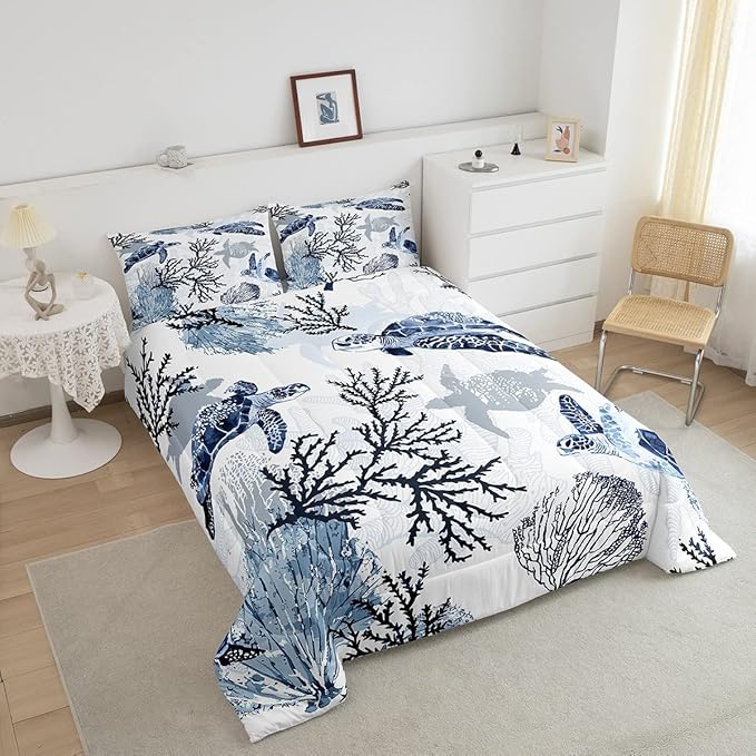 Turtle Comforter Set Full,White Blue Hawaiian Turtle Bedding for Kids,Reptile Tortoise Quilt Duvet Set Coastal Beach Theme Comforter Retro Sea Turtle Bed Set for Boys Girls Bedroom Decor(Marine life)