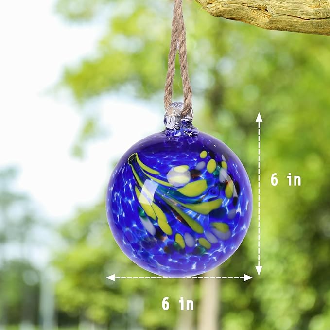 VCUTEKA Hanging Garden Gazing Ball, Hand-Blown Glass Witch Ball for Outdoor Garden Décor, 6" Blue Swirl