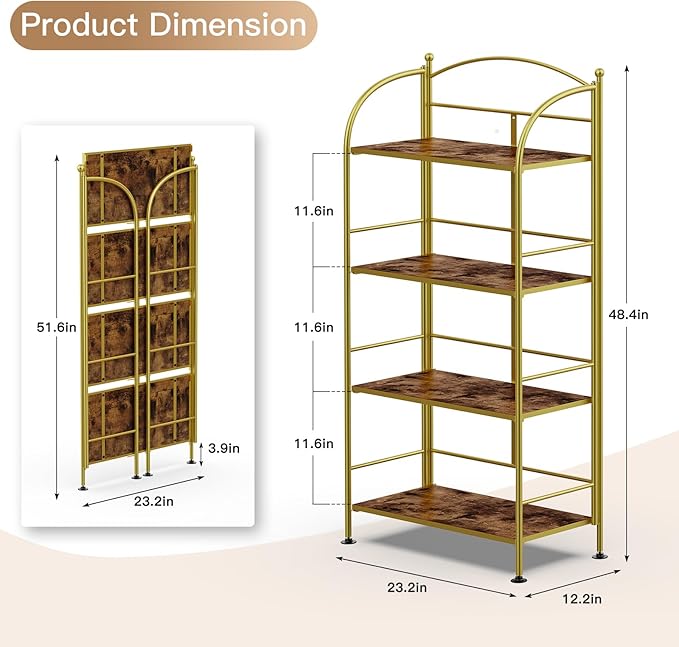 FRAPOW Folding Bookshelf No Assembly, 4 Tier Shelf Gold Collapsible Bookcase, Arched Metal Display Tall Book Shelf with Storage Shelves for Bedroom, Living Room, Home Office