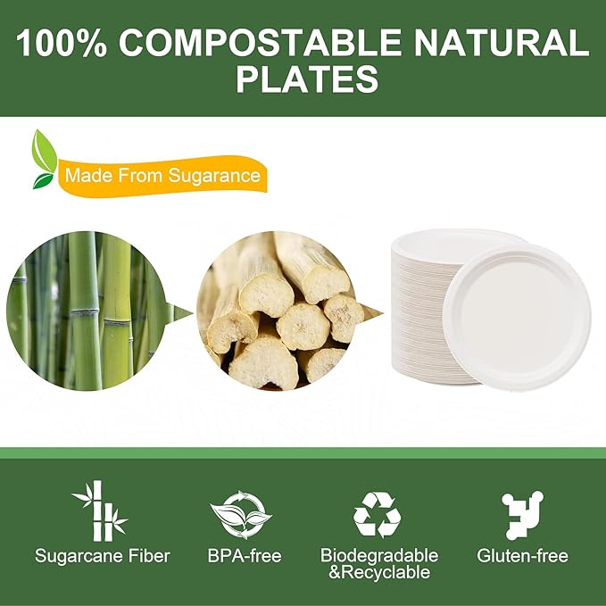 WELLIFE 100% Compostable Paper Plates 9 Inch, 125-Pack Heavy Duty Paper Plates Bulk,Biodegradable Bagasse,Eco-Friendly Disposable Dinner Plate for BBQ,Picnic,Party (BPI Certified,Microwaveable)