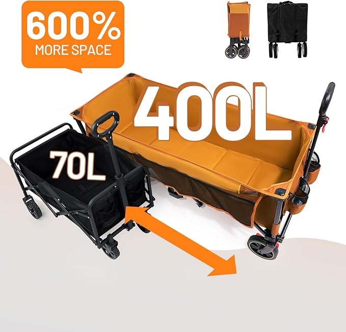 Timber Ridge 51.2'' Extended Collapsible Wagon Cart with Brakes and Cargo Net, 500LBS Heavy Duty Foldable Utility Wagon with Adjustable Handle, 400L Capacity Portable Cart for Camping Sports, Orange