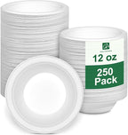 Paper Bowls 12oz, Disposable Bowls Heavy Duty, 250-Pack 100% Compostable Disposable Soup Bowl, Biodegradable Bagasse Hot Food Plates and Bowls -White
