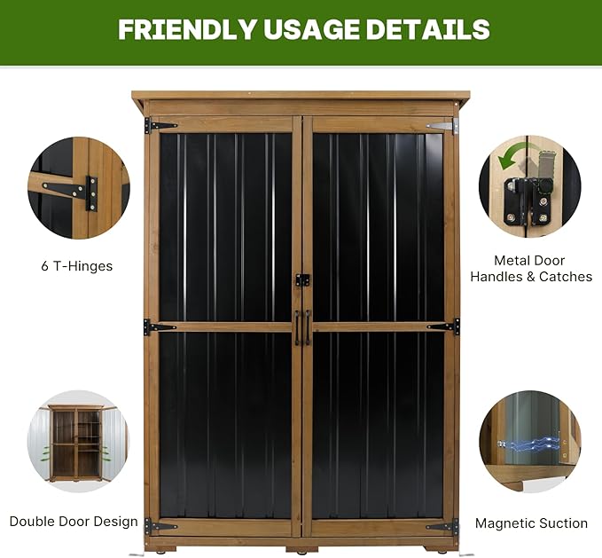 Outdoor Storage Cabinet Wood & Metal with Waterproof Roof, Garden Tool Shed with 4 adjustable reinforced feet with metal brackets, 3 Removable Shelves, 6 T-Hinge, Magnetic door,18.1"D x 49"W x 68.5"H