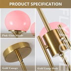 Pink Globe Chandelier for Girls Room Mid Century Modern 3 Light Pendant Lights Vintage Gold Semi Flush Dining Room Light Fixture Retro Pink Ceiling Lamp