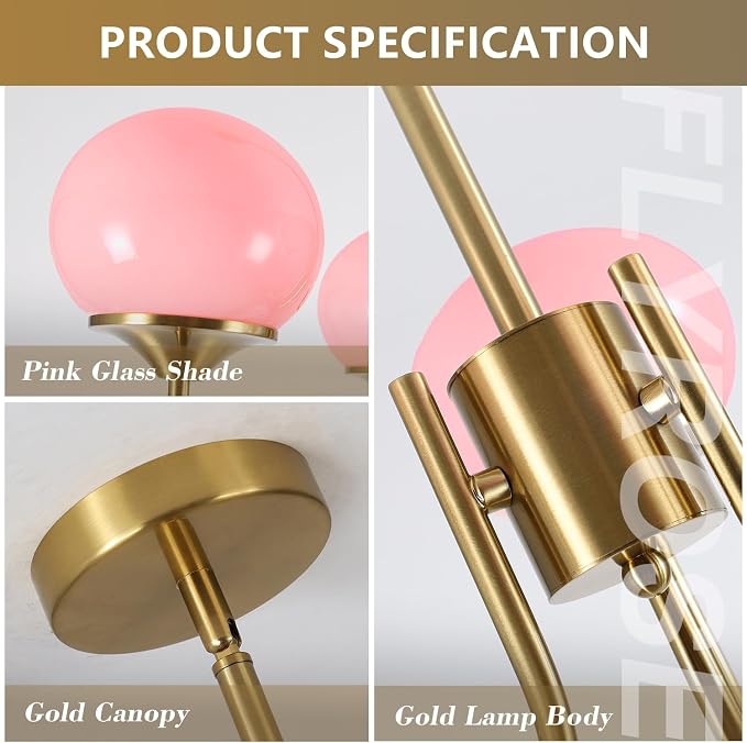 Pink Globe Chandelier for Girls Room Mid Century Modern 3 Light Pendant Lights Vintage Gold Semi Flush Dining Room Light Fixture Retro Pink Ceiling Lamp