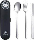 DEVICO Travel Utensils with Case Cute, Reusable Silverware for Lunch, 4Pcs Portable Cutlery Set, 18/8 Stainless Steel Fork Spoon Chopsticks in Cartoon Case, Dishwasher Safe (Black)