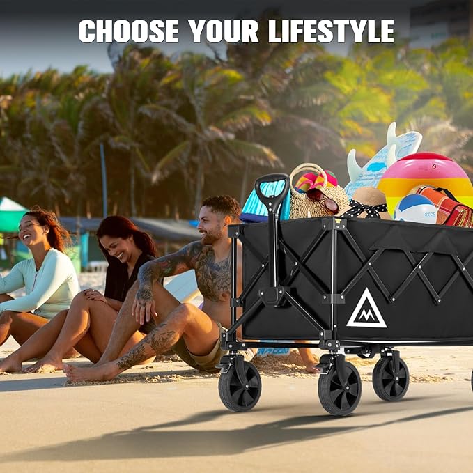 Wagon Cart Shopping Foldable Folding Collapsible with Wheels Big On Beach Garden Outdoor Grocery Heavy Duty Utility All Terrain Portable Wagons Carts for Groceries Sand Camping Sports Black