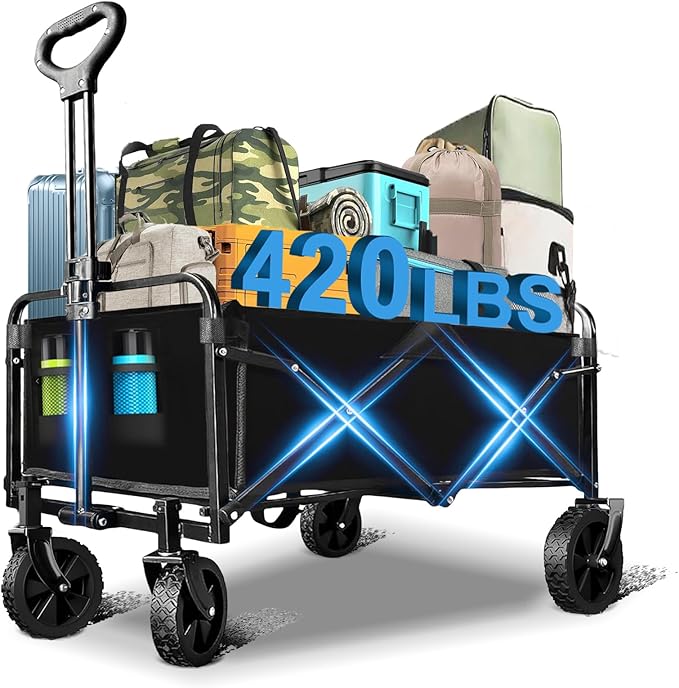 Wagons Carts Foldable, Collapsible Wagon with All-Terrain Wheels 420lbs Weight Capacity Heavy Duty Utility Wagon with Drink Holders for Beach, Garden, Camping, Shopping Groceries, Sports