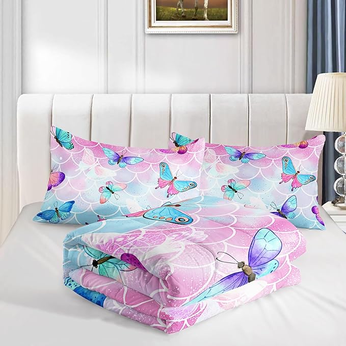 Datura home Kids Comforter Set Mermaid Scale Butterfly Printed Pattern Bedding Set with 1 Comforter and 2 Pillowcases for Girls Boys Bedroom All Season(Mermaid Queen)