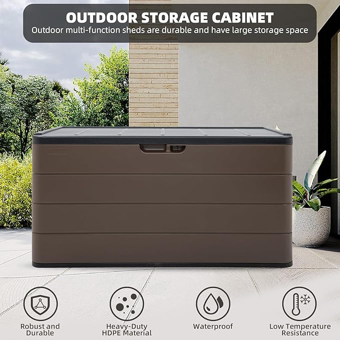 100 Gallon Large Resin Deck Box - Lockable Waterproof Outdoor Storage Bench for Patio Cushions, Garden Tools & Pool Accessories - Wood-Look Texture, Weather-Resistant for Backyard & Porch