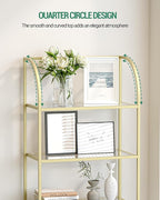 Bookcase Bookshelf, Tempered Glass Arched Bookshelf for More Storage, Slim Shelving Unit for Bedroom, Bathroom, Home Office, Steel Frame, Wide 5 Tier Gold BC22599G