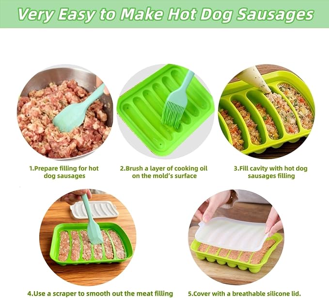 2 Pcs Silicone Sausage Mold with a Set of Silicone Brush Spatula and 25x Pastry Bags, Non-Stick Hot Dog Bun Pan, DIY Handmade Ham Sausage, Hot Dogs Baking Mold for Children's Food with Lid (Pink*2)