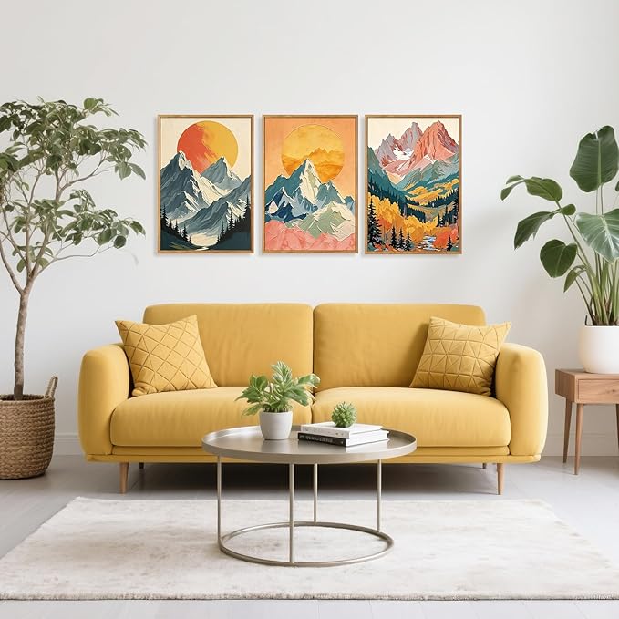 HPNIUB Mountains Forests Framed Canvas Wall Art Set, Abstract Woodland Painting, Boho Scenery Sun Wall Decor, Pretty Grassland River Artwork for Living Room, Bedroom, Dining Room, Office - 16"x24"x3