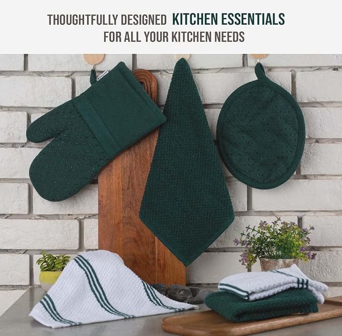 LANE LINEN Dish Towels and Dishcloths Sets - 16 Pc Kitchen Mitts and Pot Holders, 100% Cotton Kitchen Dish Rags for Washing Dishes - Green