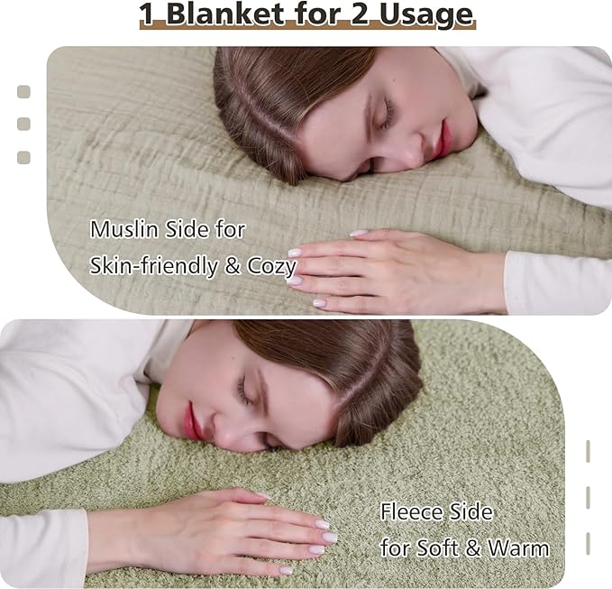 EMME Muslin and Fleece Queen Blanket Reversible - 80"*90" Sage Green Soft Warm Throw Blankets for Couch Bed Picnic Travel Bed