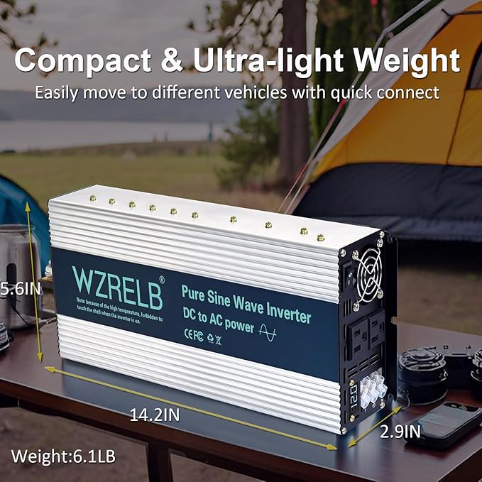 WZRELB 2500W Pure Sine Wave Inverter 12V DC to 110V 120V AC Power Converter with LED Display, Hardwire Terminal,Off-Grid Portable Power Inverter with Dual AC Outlets for Home, RV, Truck, Camping