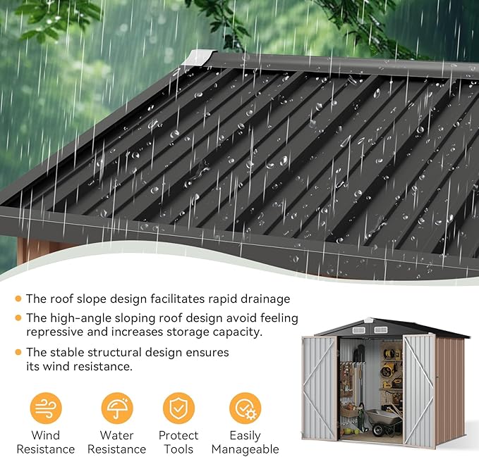 Aoxun 6x3.9 FT Shed Metal Outdoor Storage Shed Garden Shed with Lockable Doors Tool Shed Bike Shed for Backyard, Patio, Poolside (Brown)