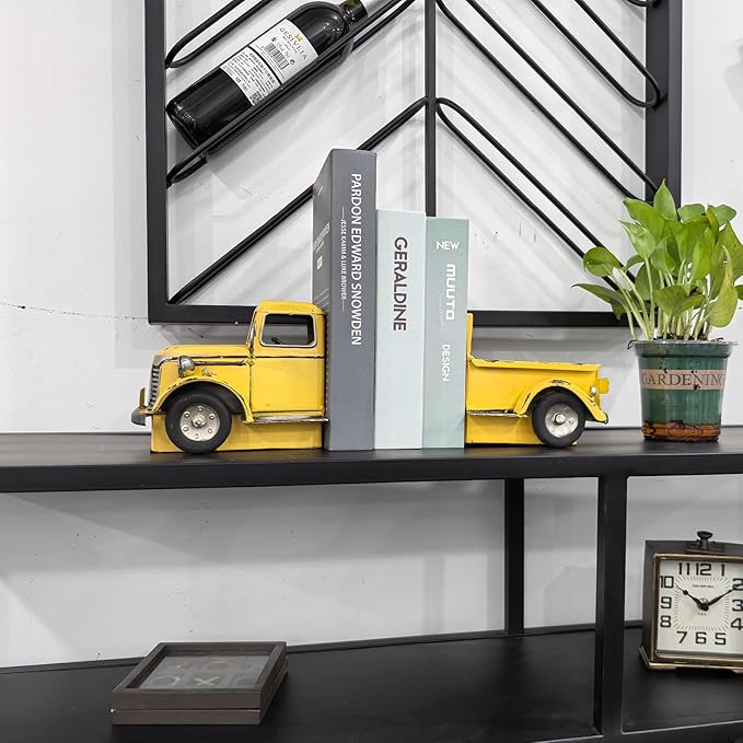 Decorative Book Ends Vintage Bookends: Metal Truck Book Stopper for Kid Books for Grandson Men Teen - Farmhouse Decor for Bookcase Shelf Table Coffee Bar Office Home Yellow
