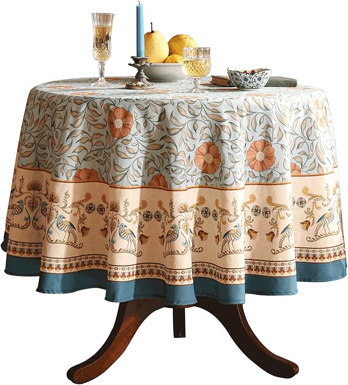 patdrea Designer French Linen Blue Round Table Cloth,Vintage Floral Tablecloth,Colorful Decoration Fall Table Cover Kitchen Dining for Tea Party,Thanksgiving,Christmas,Diameter 67"-Wensel
