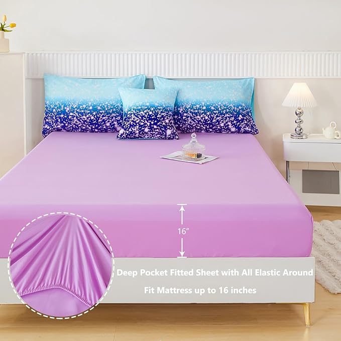 PERFEMET Blue Purple Girls Twin Comforter Set with Sheets, 6Pcs Glitter Tie Dye Rainbow Kids Girls Bedding Sets, Sparkle Gradient Ombre Bed in A Bag for Bedroom Decor