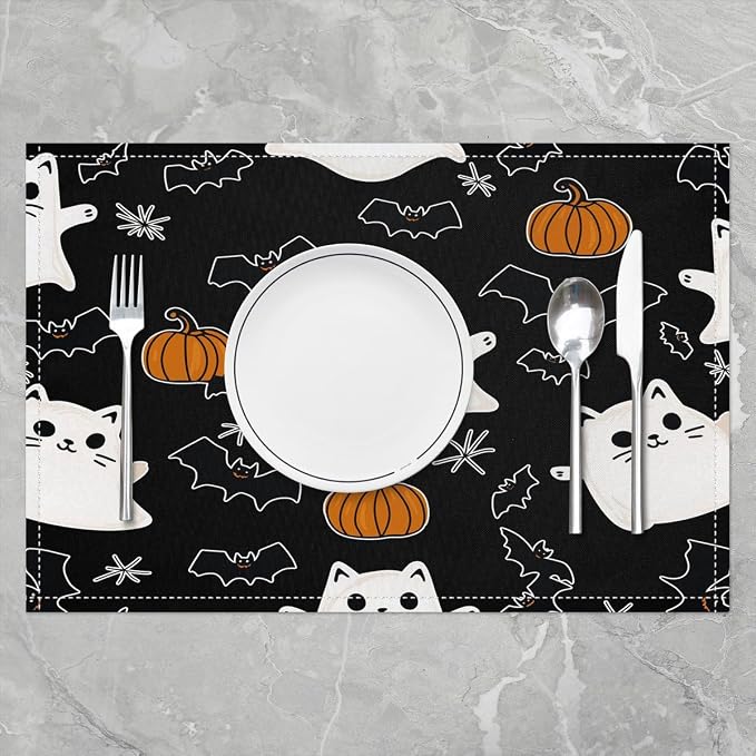 Feelyou Happy Halloween Placemats Set of 4 Cute Ghost Cat Table Mats Orange and Black Place Mat for Kitchen Dining Table Party Decor Indoor Outdoor 18"x12" Non-Slip Easy to Clean Pumpkin Lantern Bats