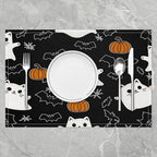 Feelyou Happy Halloween Placemats Set of 4 Cute Ghost Cat Table Mats Orange and Black Place Mat for Kitchen Dining Table Party Decor Indoor Outdoor 18"x12" Non-Slip Easy to Clean Pumpkin Lantern Bats