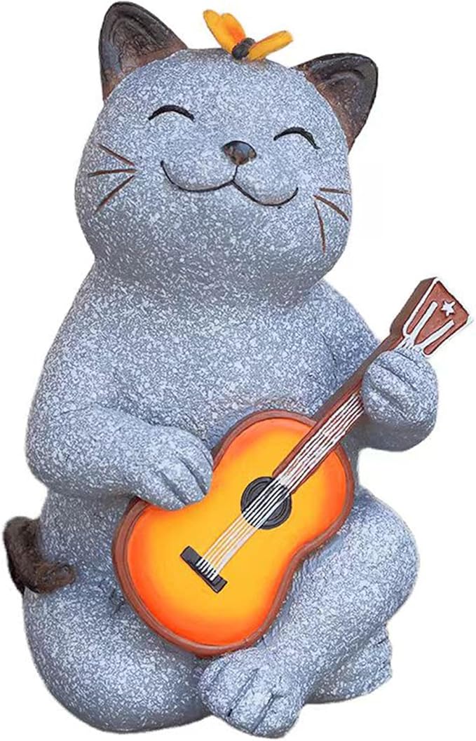 Cat Garden Statue Outdoor Decor, Cat Sculpture with Guitar and Butterfly for Yard Lawn Patio Balcony, Birthday Housewarming Gifts for Mom, Grandma, Women, 8.8 inch, Resin
