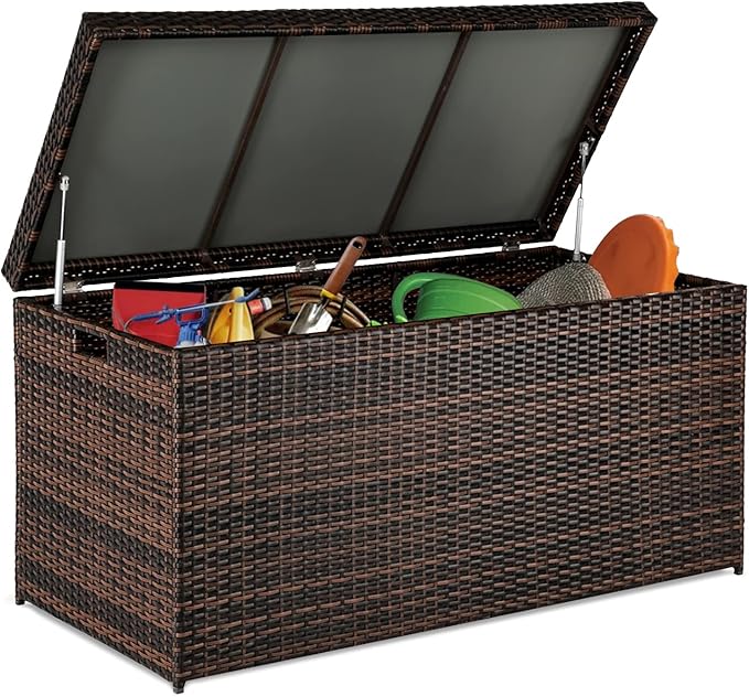 VINGLI Upgraded Version 132 Gallon Outdoor Storage Box, Patio Rattan Deck Box, Wicker Storage Bench for Indoor, Outdoor, Pool, Balcony, Yard, Garden, Brown