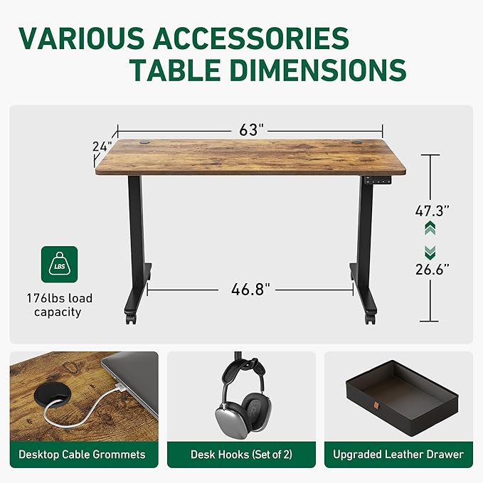 FEZIBO 63 x 24 Inches Standing Desk with Drawer, Adjustable Height Electric Stand up Desk with Storage, Sit Stand Home Office Desk, Ergonomic Computer Desk, Rustic Brown