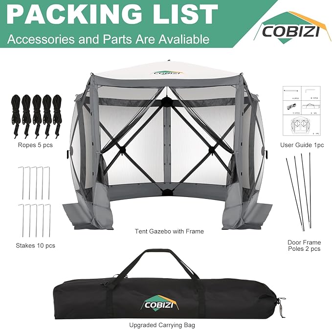 COBIZI 10x10 Pop up Gazebo Screen House Tent for Camping, Pop-up Camping Canopy with Mesh Windows,Portable Outdoor Quick-Set Hub Tent with Carrying Bag&Ground Stakes,Gray(Upgraded 2.0)