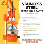 Eurolux Ultra-Premium Cast Iron Juicer | Extra-Large, Heavy Duty, Commercial Grade, Stainless Steel Manual Hand Press Citrus Squeezer For Fresh Orange Juice, Pomegranate, Lemon, and Much More (Orange)