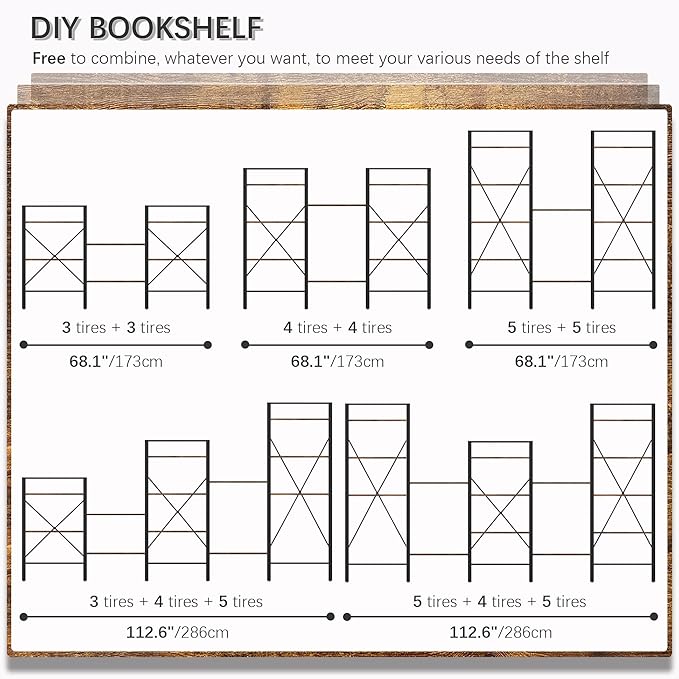 4NM Bookshelf 5 Tier Industrial Bookcase Home Office Adjustable Bookshelves Storage Shelves Organizer Vintage Book Shelf Display Rack for Living Room, Bedroom,Home- Rustic Brown