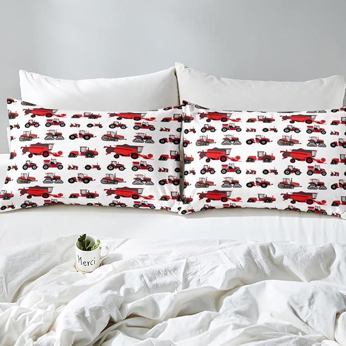 Erosebridal Red Tractor Comforter Set Queen Size Heavy Equipment Truck Down Comforter Kids Boys Girls Teens Harvester Tractor Bedding Set Construction Excavator Farm Equipment Quilt Set