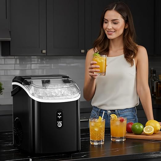 Nugget Countertop Ice Maker with Soft Chewable Pellet Ice, Automatic 34Lbs/24H,Pebble Portable Ice Machine with Ice Scoop, Self-Cleaning, One-Click Operation, for Kitchen,Office, Bar(Highlight Black)