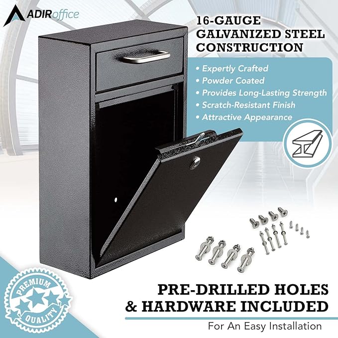 AdirOffice Wall Mount Mailbox - Mailbox with Lock and Keys- Durable Wall Mounted Locking Mailbox and Cash Drop Box for House, Apartments and Bussiness After Hours Deposits